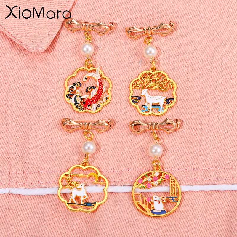 

Gold Alloy Pearl Pendant Buckle Brooches For Women Deer Moon Jade Hare Koi Pattern Animal Lucky Badges Jewelry Gifts For Friend