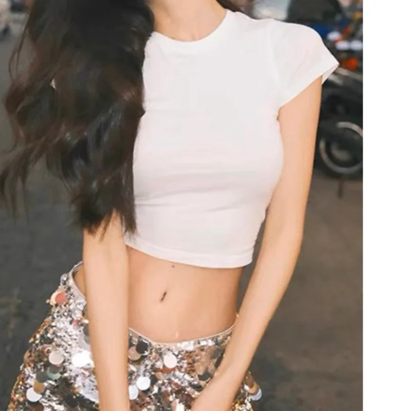 

Summer Stretch Cotton Short Sleeve Round Neck Black White GraySlim T-shirt Crop Top for Women