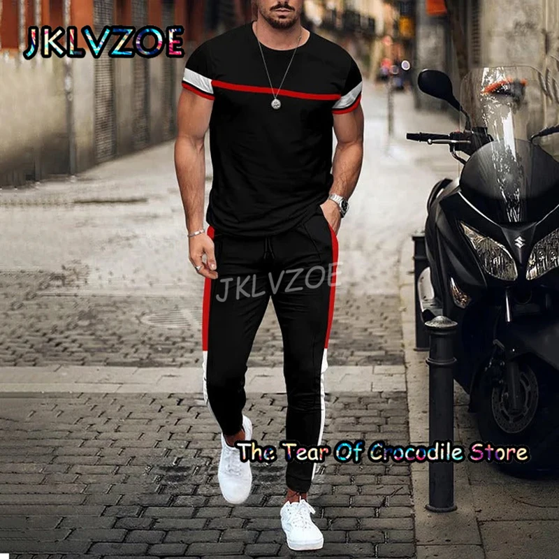 

Retro Men's T Shirt Tracksuit Trousers 2 Piece Set Stripe Pattern Short Sleeve Pants Streetswear 3D Printing Summer Clothing