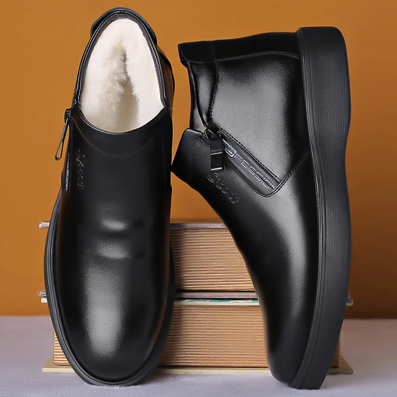 

Men Autumn Genuine Leather Boots With Fur Winter Men Fashion Ankle Boots Business Casual Man Snow Boots Work Shoes444
