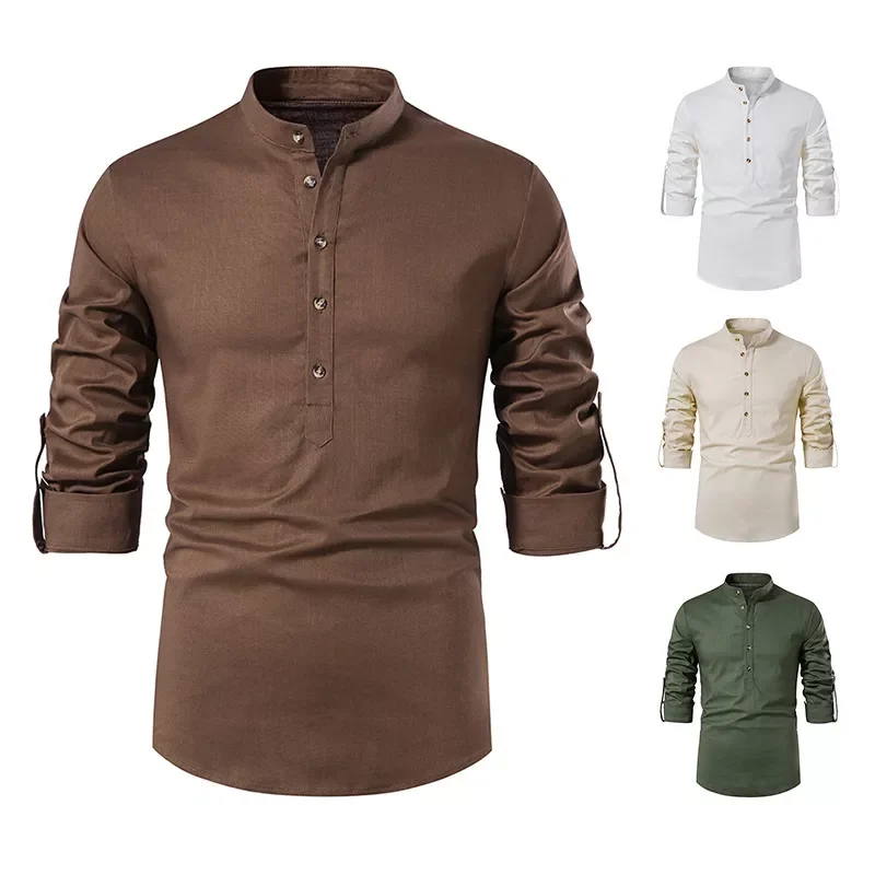 New2022 New Men's Slim Fit Cotton Linen Shirts Male Solid Color Long Sleeve Breathable Linen Shirt Tops S-2XL
