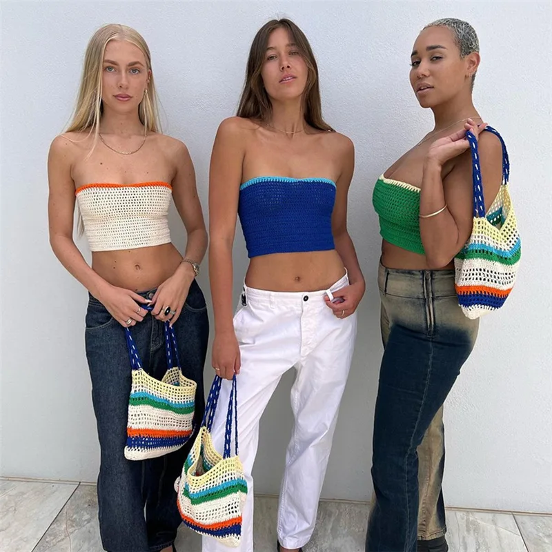 

2022 spring and summer new women's clothing contrast color cropped navel knitted vest straps open back slim tube top women