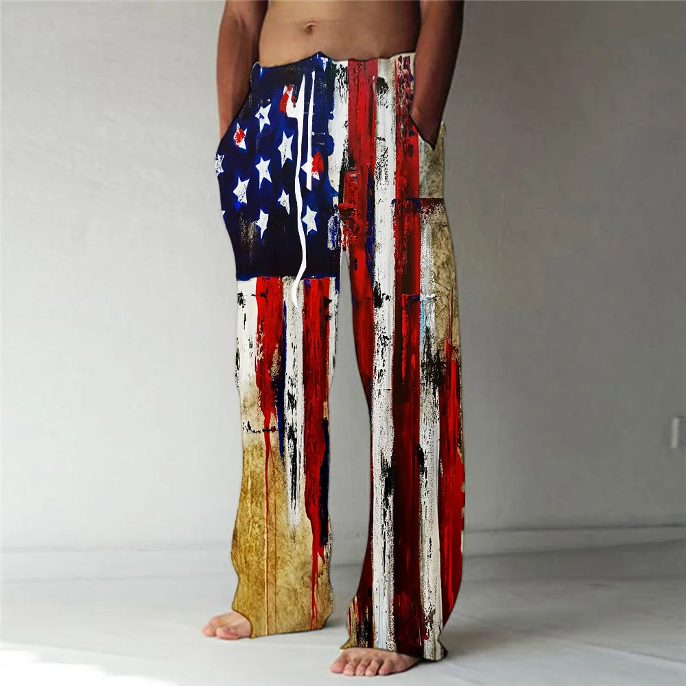 

Men's Straight Trousers US National Flag 3D Print Elastic Drawstring Design Front Pocket Pants Beach Casual Pants