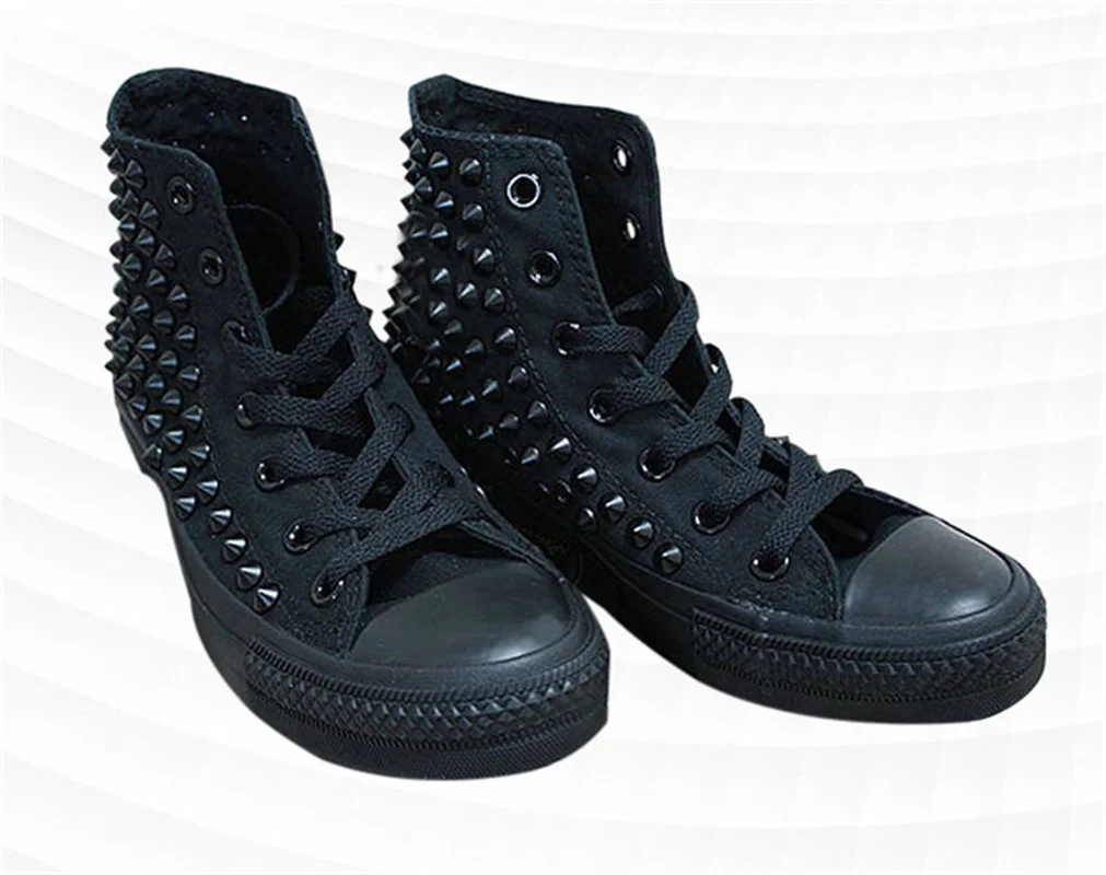 

High-top rivet shoes black canvas shoes street sports comfortable walking hip-hop handmade rivets neutral vulcanized shoes 35-46