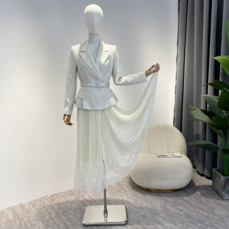 

Женское шифоновое платье миди цвета слоновой кости, элегантный твидовый топ в клетку с поясом в стиле пэчворк, 2022