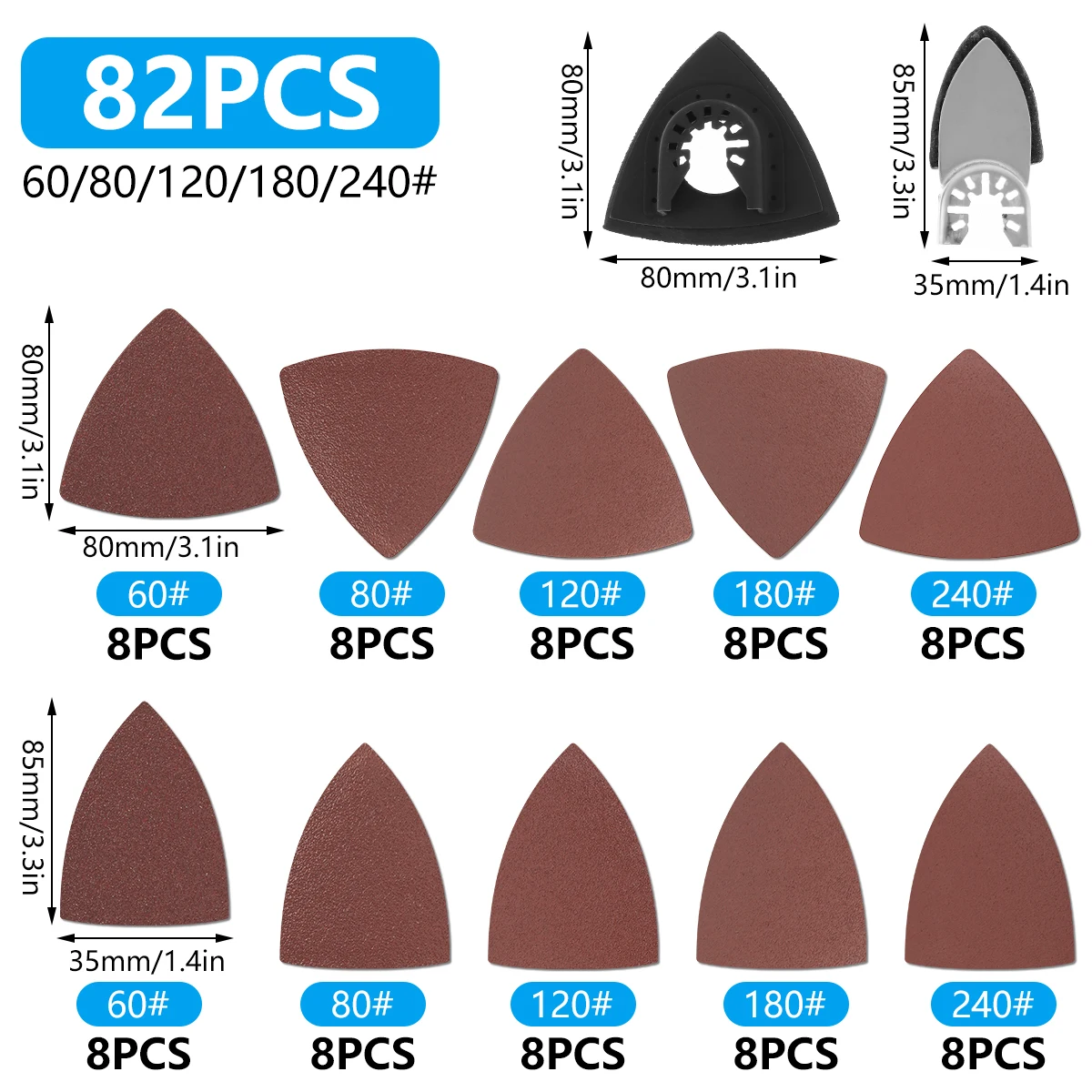 82pcs Sand Pad Triangular Finger Sand Pad Assorted Set 60/80/120/180/240 Grits Sanding Sandpaper Pad Oscillating Multi Tool