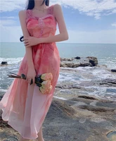 summer women clothes pink watercolor painting beachwear gradient halter sexy sleeveless slim fit sweetheart neck beach dress