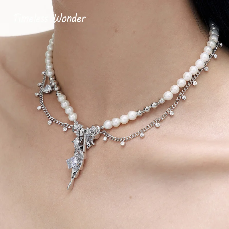 

Timeless Wonder Faux Pearl Zirconia Geo Statement Necklace for Women Designer Jewelry Gift Goth Collar Pendants Kpop Set 3262