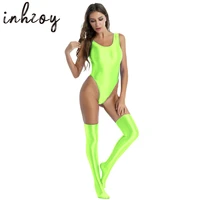 women sexy bodysuit glossy stretchy swimwear suit sleeveless high cut tight bodycon jumpsuit with stocking swimming clubwear