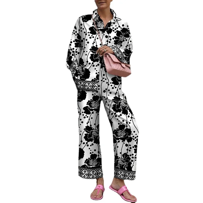

Женский Повседневный костюм из двух предметов, рубашка с длинным рукавом и прямые брюки с принтом, элегантная уличная одежда для вечеринки на осень