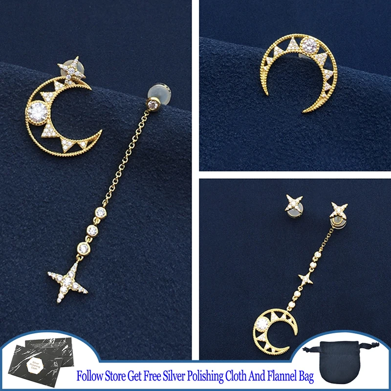 

Moon Star Asymmetric Earrings Golden S925 Sterling Silver Bohemian Charming Wonderful Women Valentine's Day Anniversary Jewelry