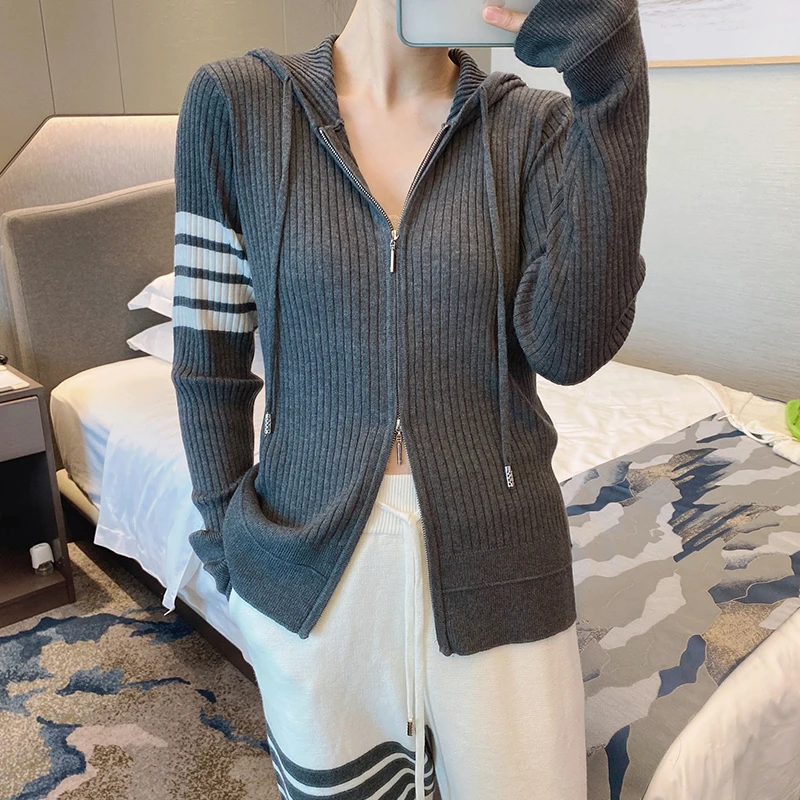 Tide four-bar tb knitted cardigan women's lazy wind spring pit strip thin zipper hooded loose jacket college style