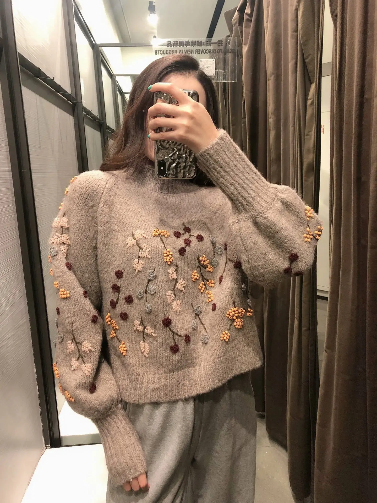 

Grey Knitted Floral Loose Casual Pullover Sweater for Woman 2022 Autumn Winter Designer Luxury Female Knitwear