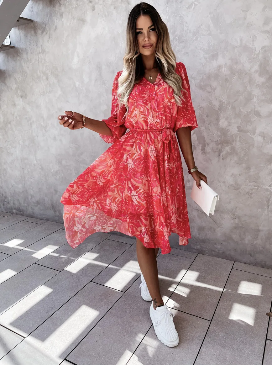 

Women Casual Flower Print Buttons Lace up Midi Dress 2022 Summer Fashion Half Sleeve Chiffon Sashes Woman Dresses Robe Femme