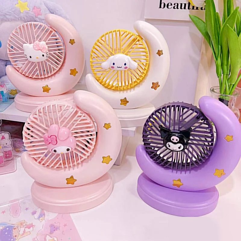 

New Kawaii Hello Kitty Cinnamoroll Kuromi Moon Shaped Desktop Small Fan Summer Anime My Melody Usb Charging Fan Kids Girl Gift