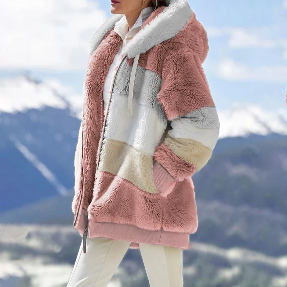 

Winter Women Jacket Fashion Plush Patchwork Zipper Pocket Winter Hooded Jacket Retro Loose Long Sleeve Plus Size Women Top Coat