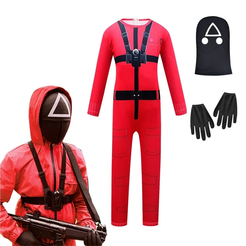 Kids Squid Game Costume Cosplay Jumpsuit Logo Face Square Circle Triangle Plastic Face Masks Halloween Party Costume