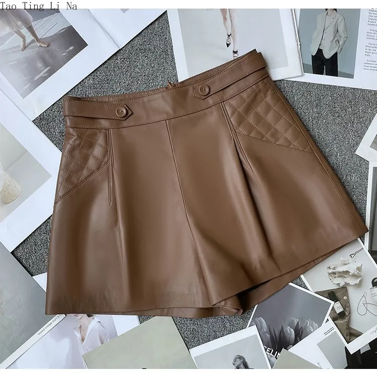 2022 New Autumn and Winter Sheepskin Leather Shorts Women High Waist All-match Thin Wide-leg Shorts G15