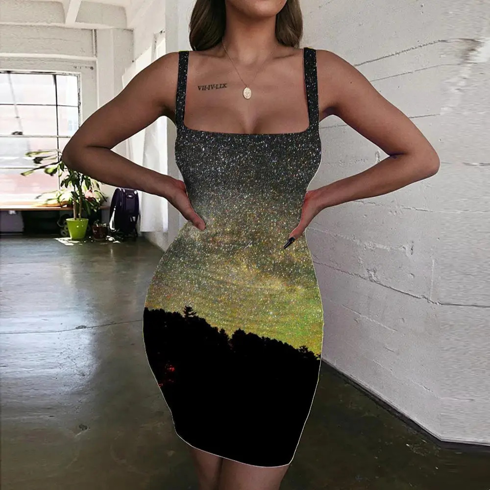 

KYKU Night Sky Dress Women Starry Sky Sundress Night Halter Sleeveless Flame Vestido Sexy Womens Clothing Plus Size Short Beach