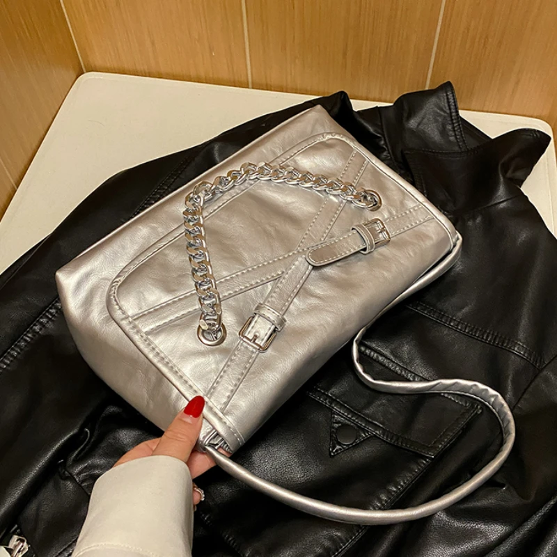 

Женская винтажная сумка через плечо из экокожи, серебристая дизайнерская сумка-тоут, лето 2023