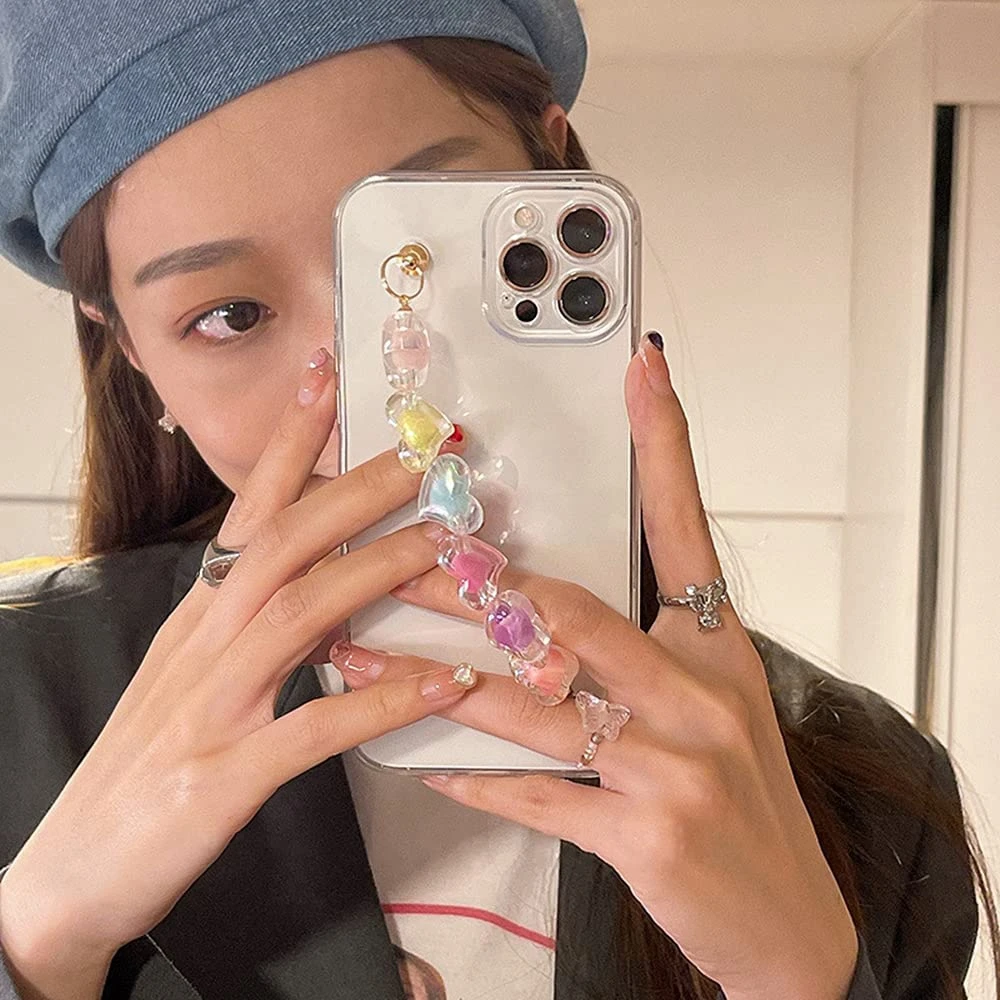 

Transparent Love Chain Phone Case for IPhone 13 Pro Max with Hand Wrist Strap Clear Cute Cell Phone Cover Skin for IPhone 12mini