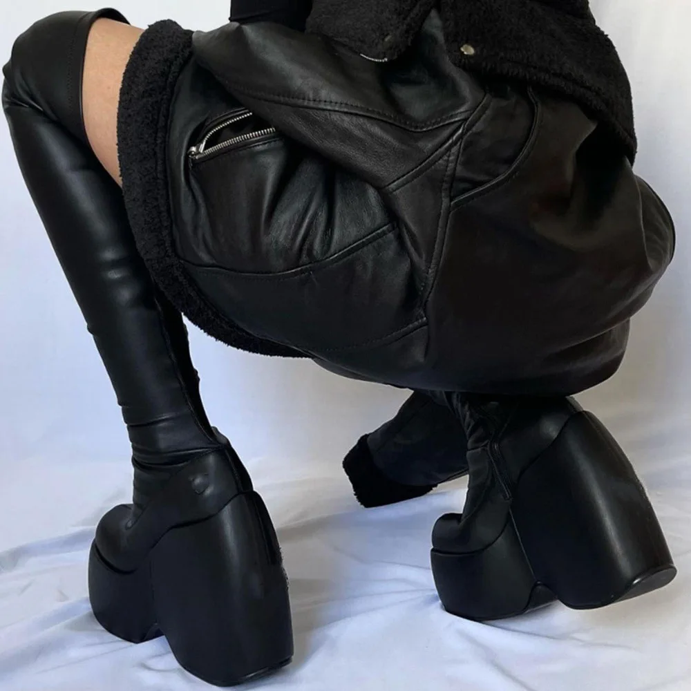 

Black waterproof thick-soled high-heeled women's elastic boots 2022 women's fiber leather women's over-the-knee boots