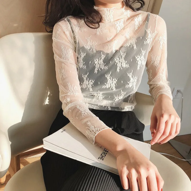 Summer Women Lace Floral Embroidery Blouses Shirt Ladies tops Sexy mesh Blouses Transparent Elegant See-through Black Shirt