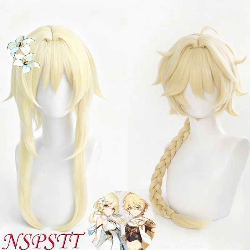 Фото Парик для косплея NSPSTT Genshin Impact Lumine Aether, 45 см, бледно-золотистый, из синтетических волос, для аниме-костюмов и аксессуаров №1