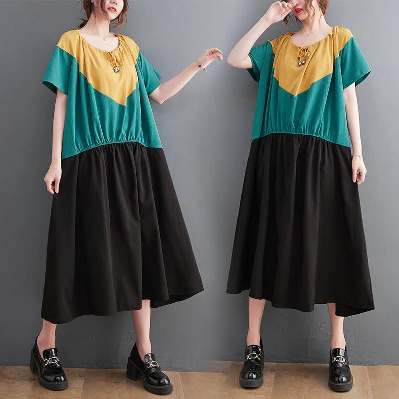 

Color Blocking Stitching Fake Two-piece Dress For Women's Design Sense 2023 Summer New Casual Artistic Long Dress