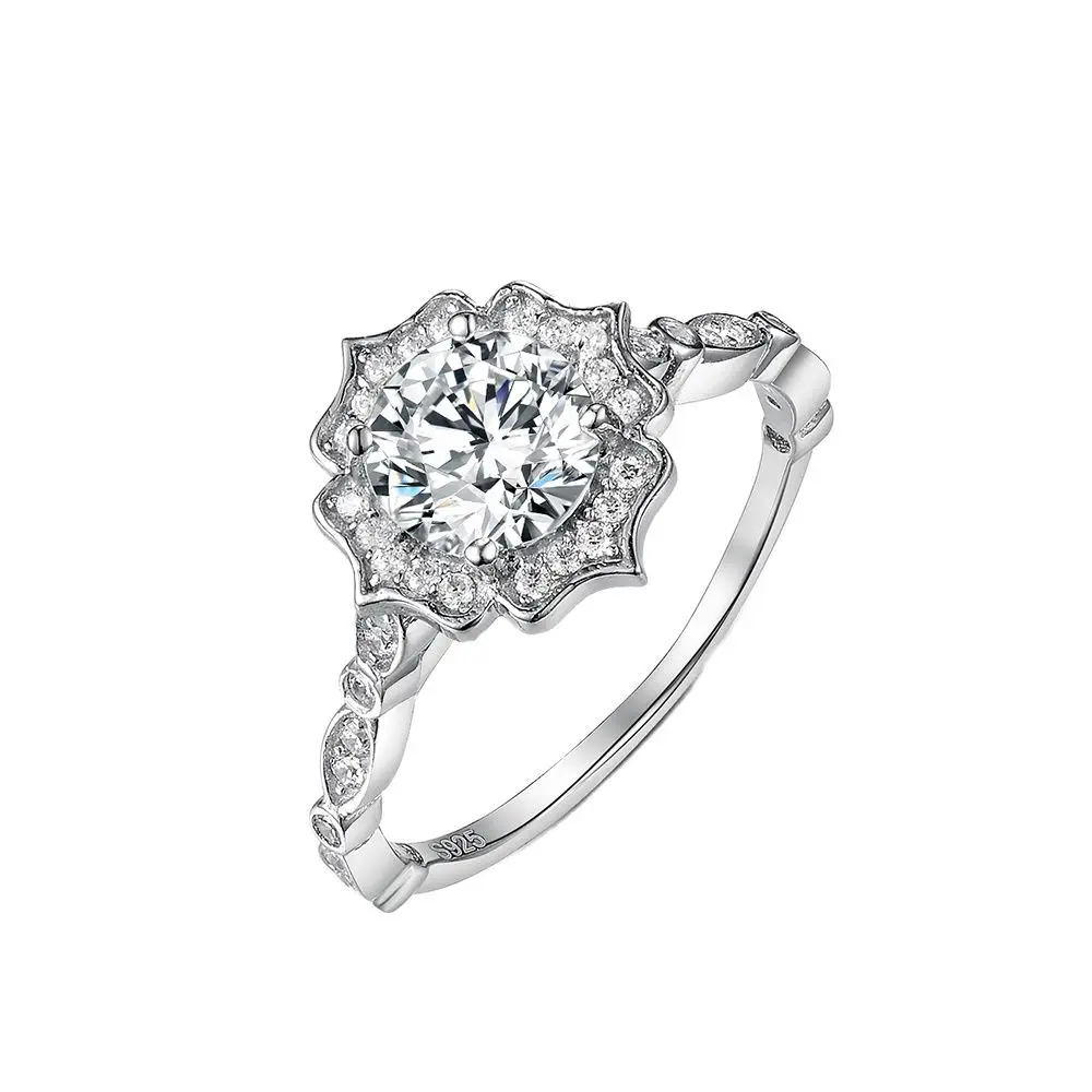 

Solid 9K 14K 18K White Gold Flower Shape Moissanite Engagement Ring for Women Round Antique Halo Moissanite Jewelry
