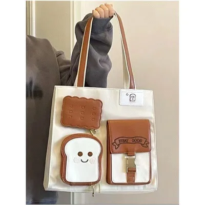 

Cartoon Toast Tote Bag Classroom Commuter Bag Cute Shape Girl Diagonal Straddle Bag Large Capacity Handbag Shoulder Bag