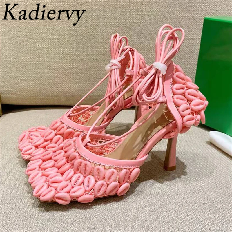 

New Gladiator Sandals Women Sexy Thin Heel Shoes Mesh Shell Decorate Runway Pumps Woman Summer Big Size Sandals Female 35-43