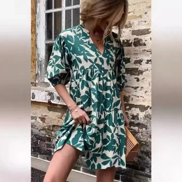 2024 Лидер продаж женская одежда Wish Amazon платье с пышными рукавами и принтом