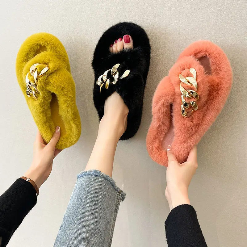 

Women Furry Slippers Ladies Shoes Chian Plush Faux Fox Hair Fluffy Sandals Women's Fur Slippers Winter Warm Slippers Women E450