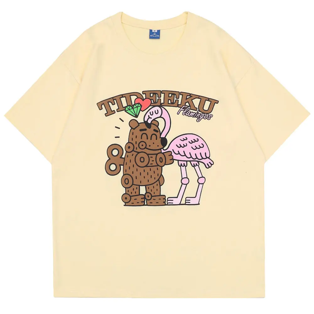 T Shirts Funny Cartoon Flamingo Bear Print Cotton O-neck Tees Tshirt 2022 Summer Streetwear Casual Hip Hop Oversized T-shirt Men |