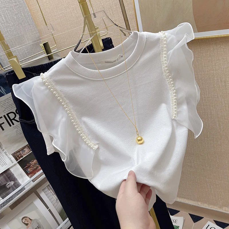 

Woman Tshirts 2023 Summer Clothing Shirts Women Short Sleeve O-neck Tees Tops Korean Casual Sweet Ruffles Peals Beading T-shir