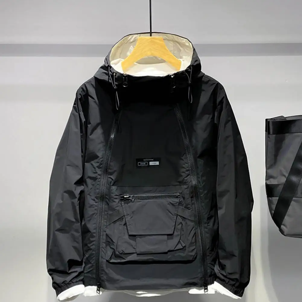 Мужской тренчкот с капюшоном двойными карманами на молнии уличный стиль модная