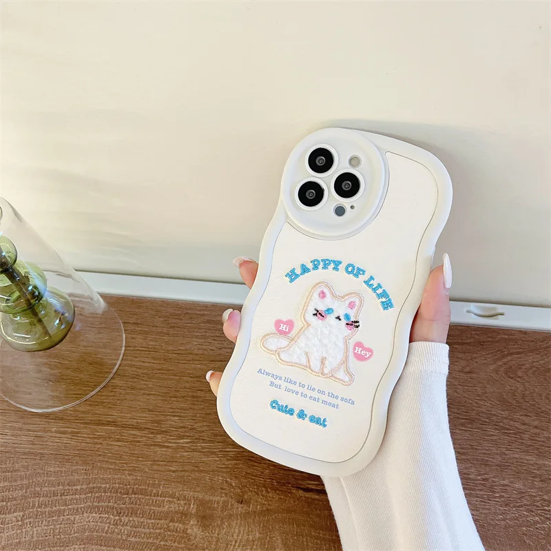 

Wave Edge Embroidered Cute White Cat Phone Case Cover for IPhone 14 Plus 11 12 13 14 Pro Max Shockproof Cases for IPhone 14 Case