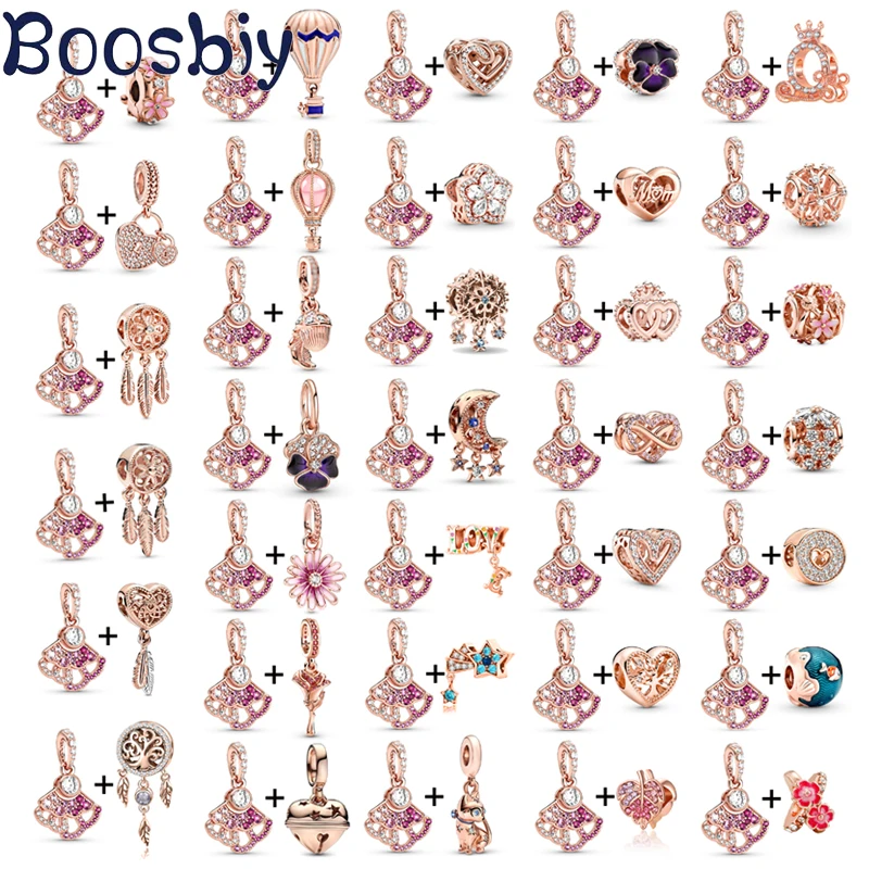 

Boosbiy 2Pc/lot Rose Gold Pink White Fan & Heart Flower Charm Pendent Bead Fit Brand Bracelets & Necklaces For Women DIY Jewelry