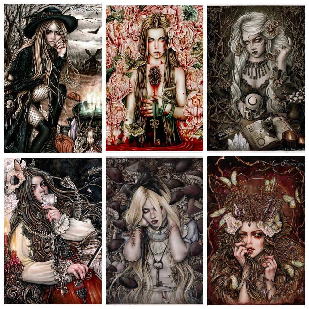 Алмазная живопись «сделай сам», чилийский художник, девушка-вампир, ведьма, мозаика, вышивка, вышивка в виде полочки, вышивка крестиком, искусственное украшение