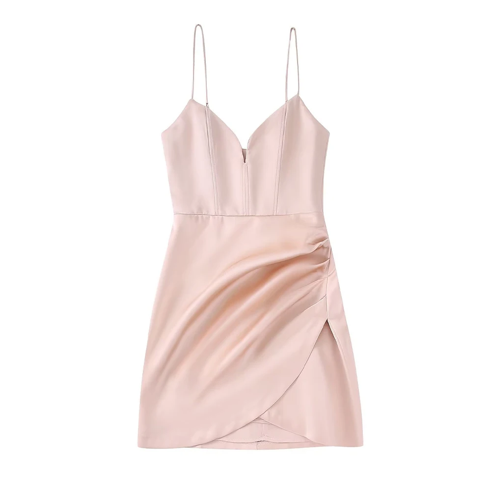 

Платье женское атласное на бретельках, шелковое элегантное модное однотонное мини-юбка с разрезом сзади и молнией на спине, лето