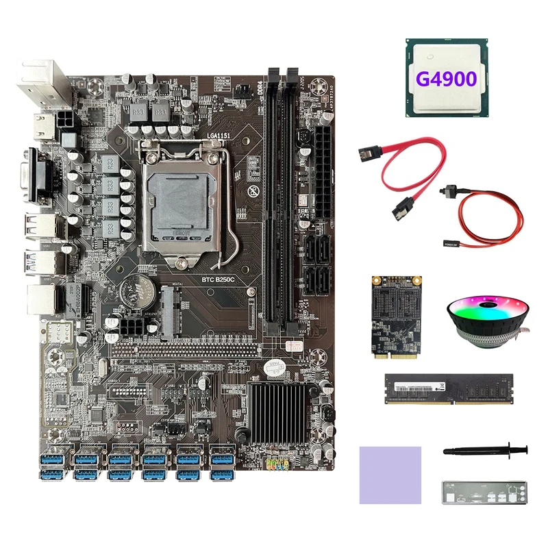 

Материнская плата B250C ETH Miner 12USB + ЦП G4900 + 128G SSD + DDR4 8 ГБ ОЗУ + вентилятор + кабель SATA + коммутационный кабель + термопаста + перегородка