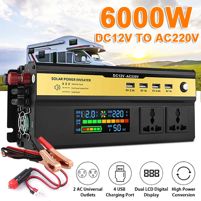 Купить Автомобильный инвертор Peak 6000 Вт, 12 В постоянного тока в 220 В переменного тока, трансформатор с универсальным USB разъемом, зарядное устройство...