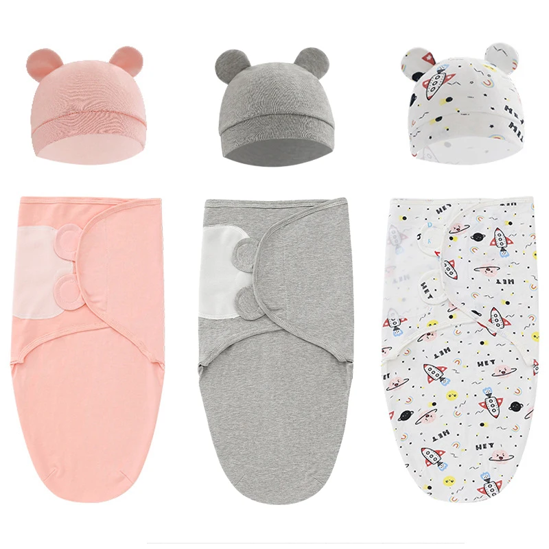 

100% Cotton Baby Swaddle Blanket Swaddle Wrap Baby Hat Set for Infant Adjustable Newborn Swaddle Baby Swaddle for 0-6 Month