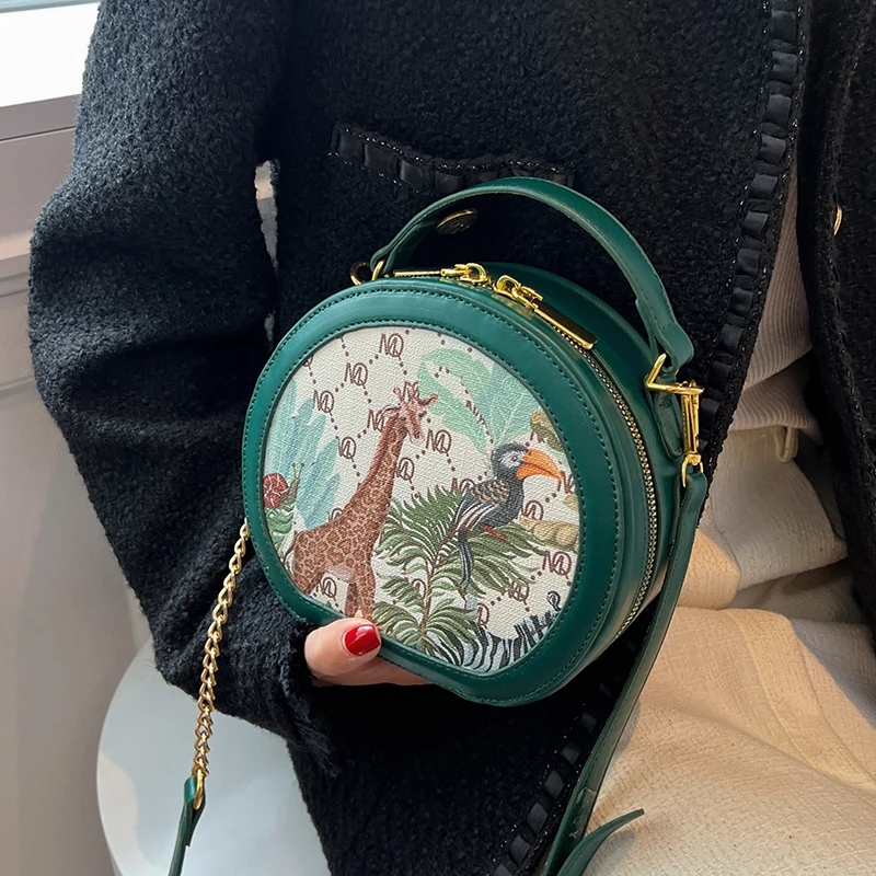 Animal Print Shoulder Bag for Girls Forest Brand Fashion Women's Circle Handbag Small Crossbody Purse Round Hand Bag Green