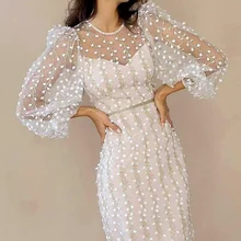 Feminino mangas compridas vestido de festa elegante branco fada tripulação pescoço sheer mesh impressionante encantador rendas meninas novas mulheres bainha meados vestido (1)