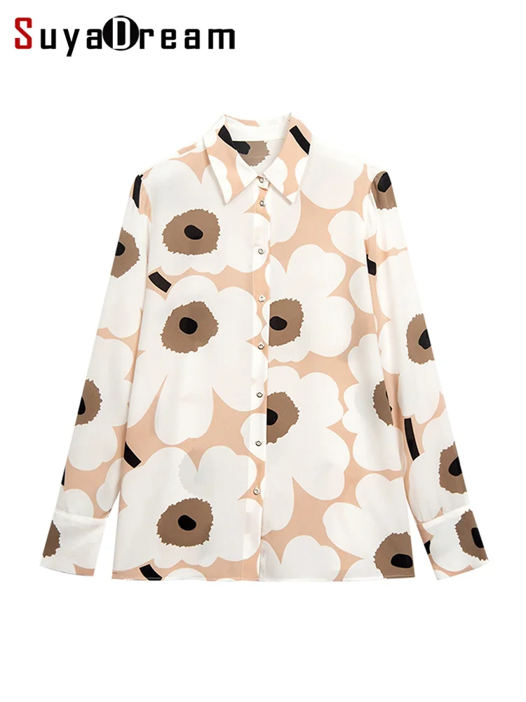 

SuyaDream Woman Floral Shirt 100%Silk Crepe Long Sleeves French style Blouse Shirt 2022 Spring Autumn Office Lady Printed Top