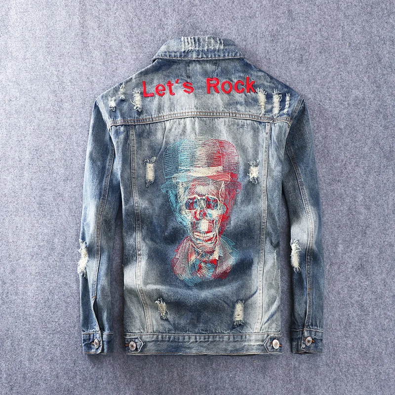 

Men's Worn Denim Jacket, Cotton Coat, Hip-hop Style, Retro, Blue Headdress, Designer Embroidery