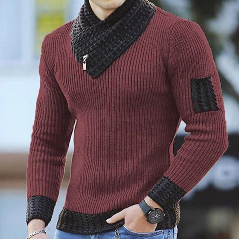Autumn Winter Men's New Fashion British Pullover Sugi Fashion Long Sleeve Color Matching Scarf High Neck Slim Fit Sweater Knit
