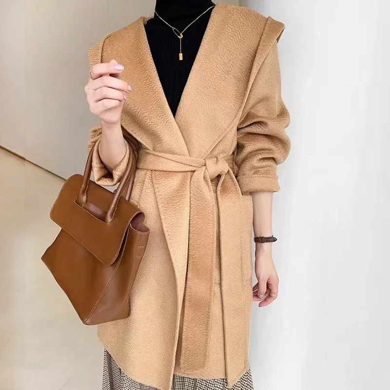 

Women Warm Winter Hooded Cashmere Coat Female Autumn Long Loose Fitting Belt Pocket Water Ripple Lace Casual Wool Abrigo Mujer